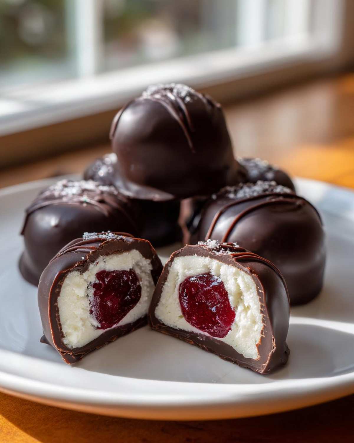 A homemade chocolate covered cherries treat cut in half showing the creamy white filling and dark red cherry center.