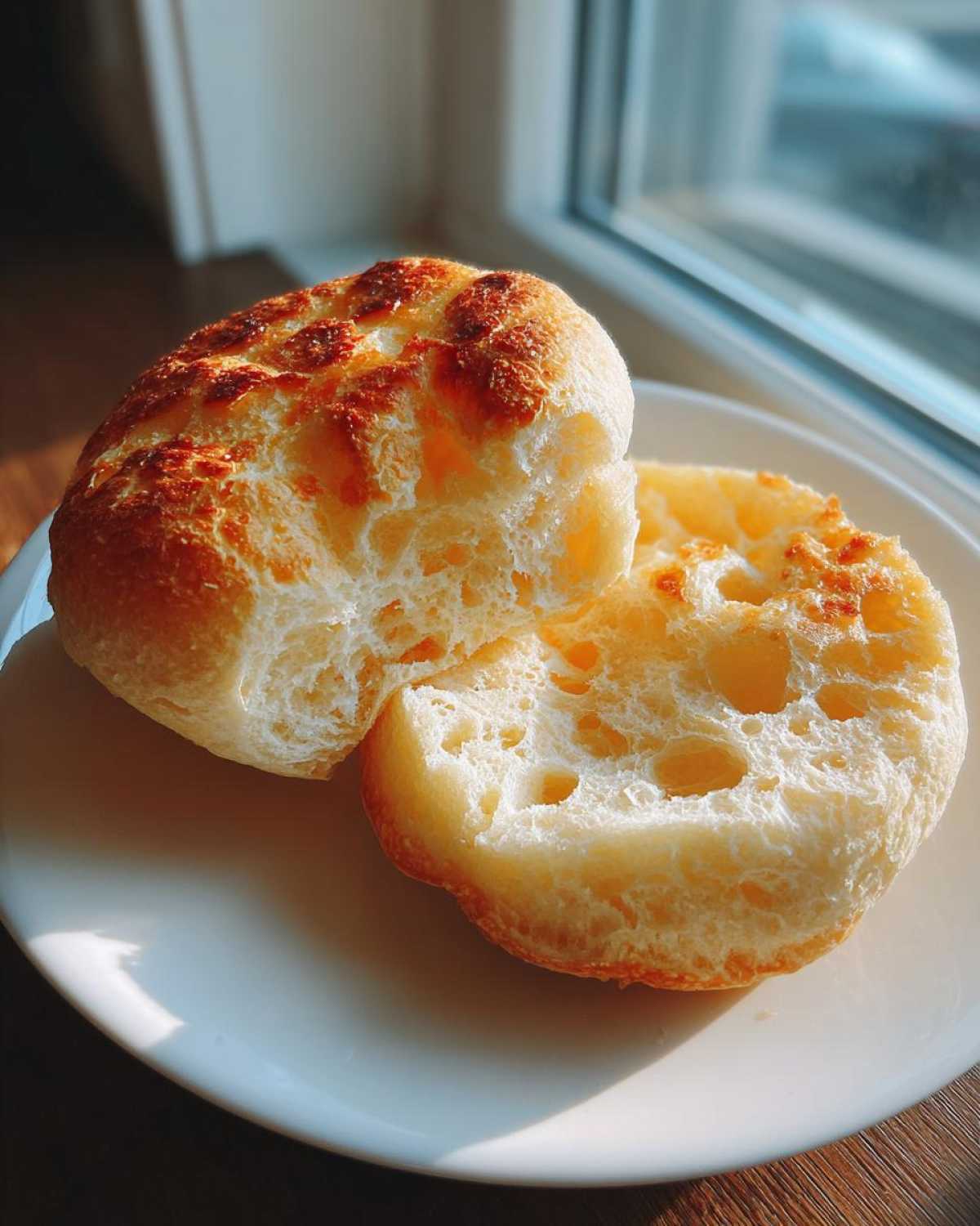 A homemade english muffin, split in half, showing its airy, hole-filled interior, resting on a white plate.