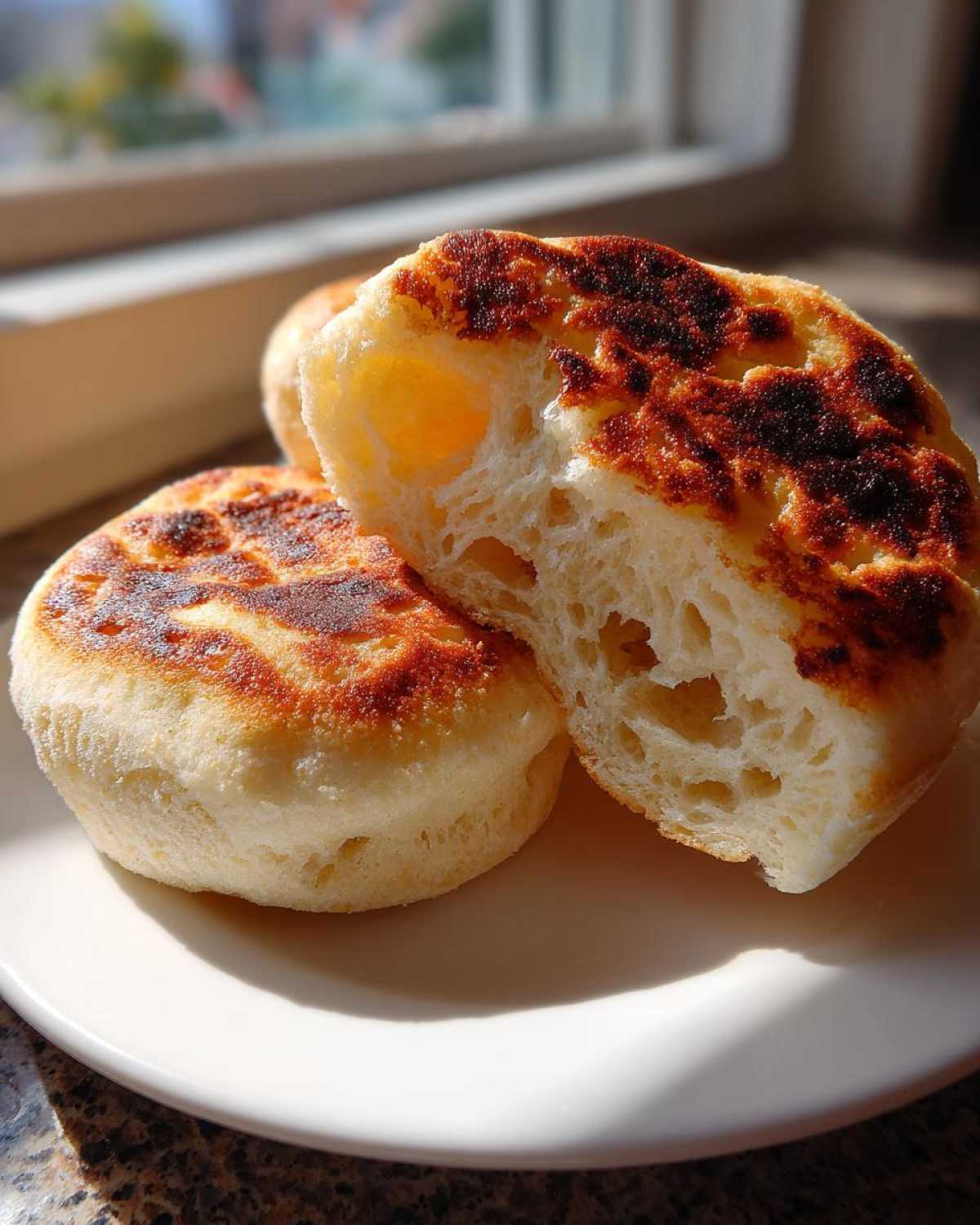 Close-up of a homemade english muffin, split open to reveal its signature airy, craggy interior texture.