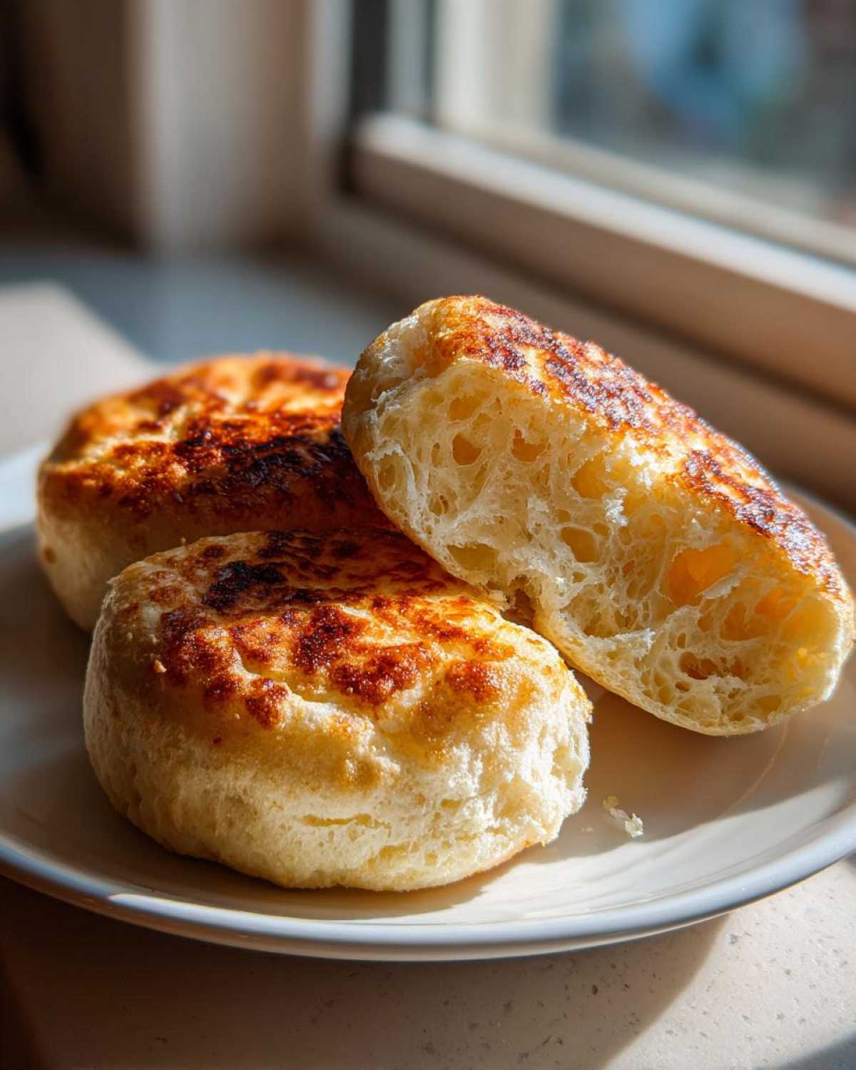 Close-up of golden-brown homemade english muffin, one split open showing a fluffy, airy interior texture.