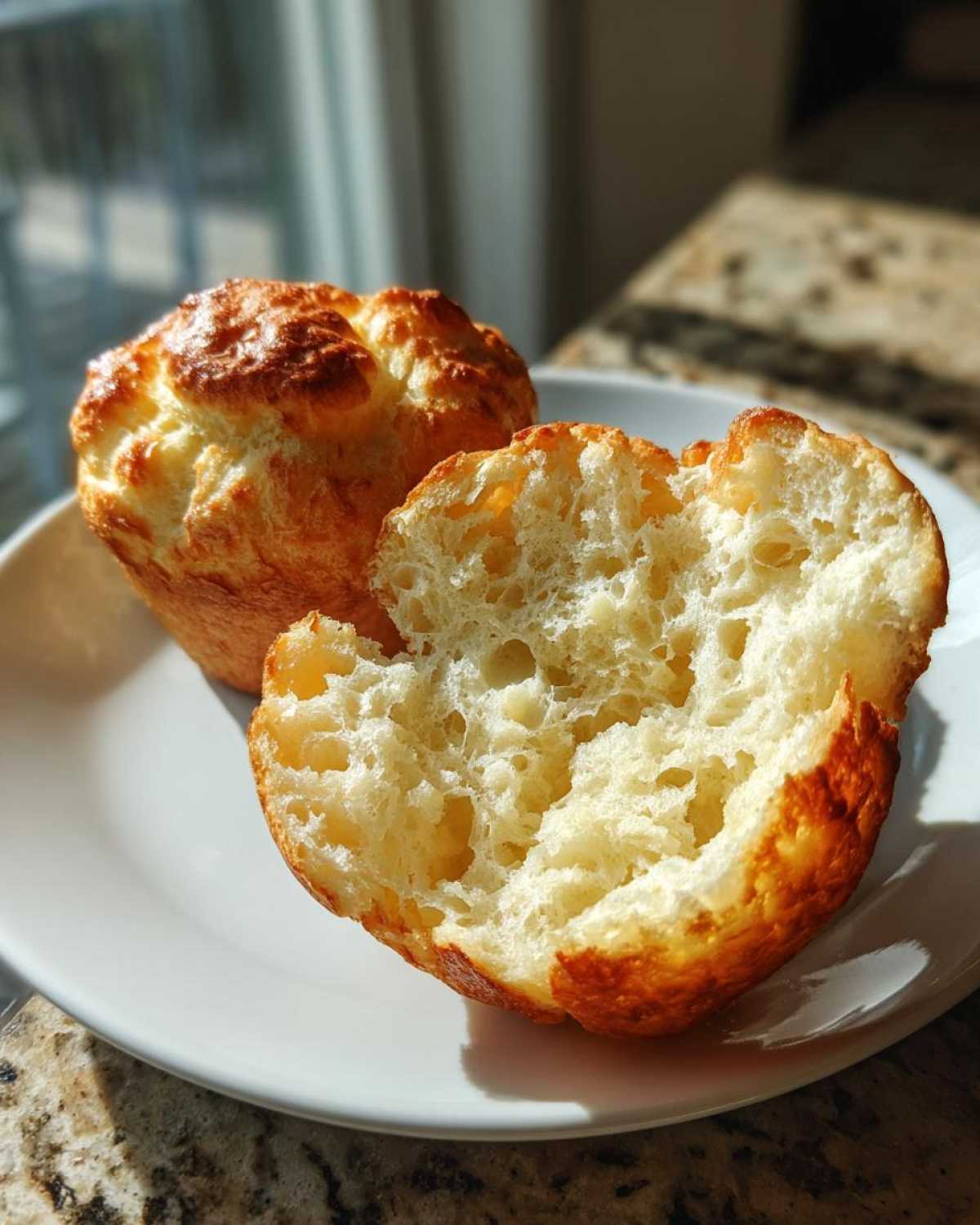Close-up of a homemade english muffin split in half showing the airy, open crumb texture.