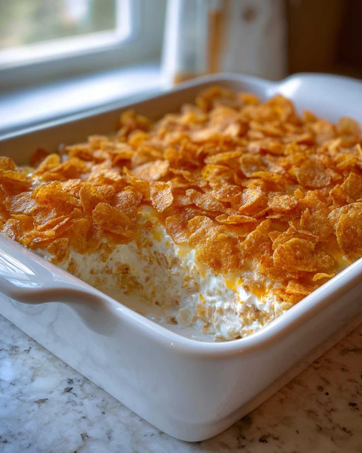 A creamy hot chicken salad casserole in a white baking dish, topped generously with crunchy corn flakes.