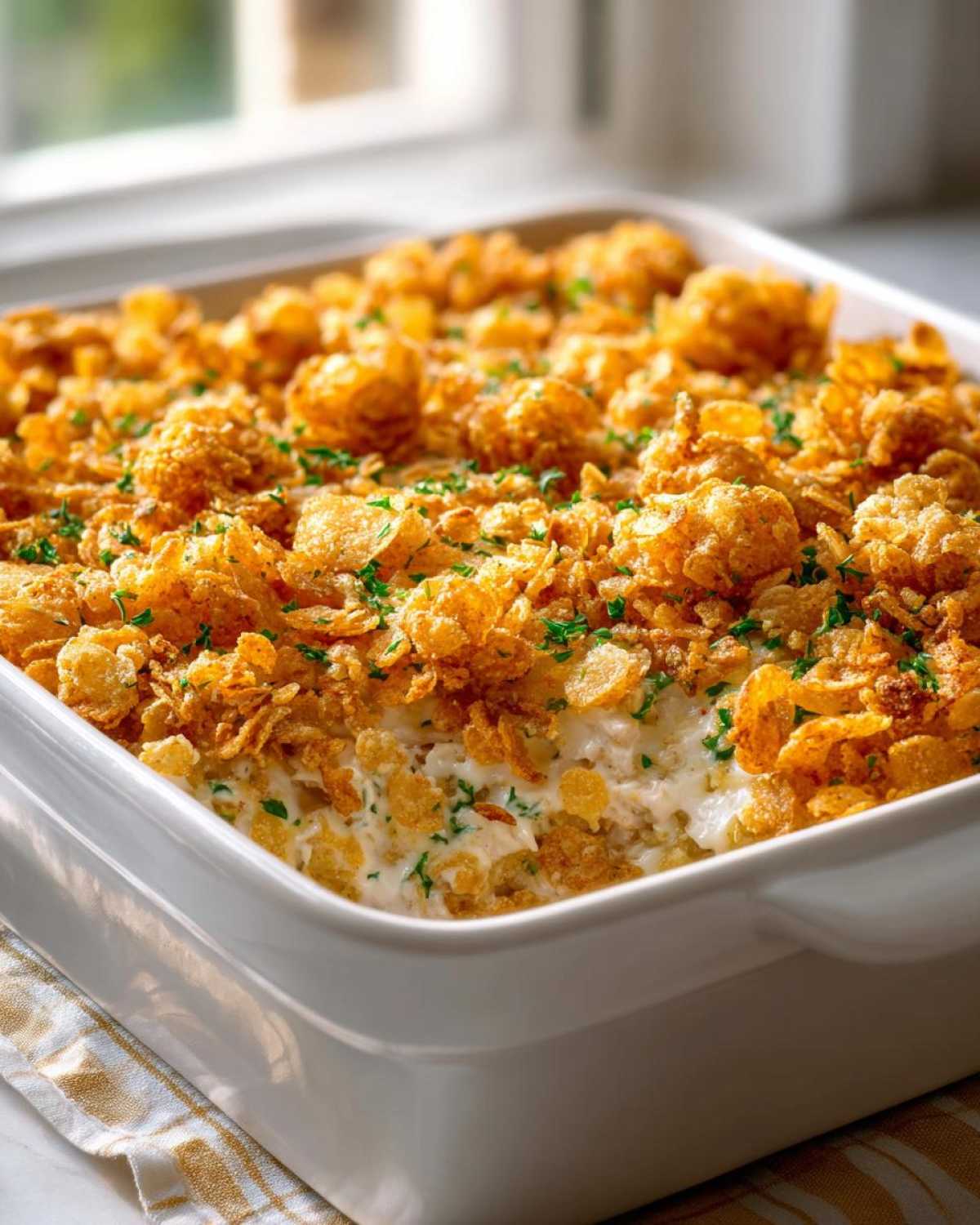 A creamy hot chicken salad casserole topped with a crunchy, golden cornflake crust and fresh parsley garnish.