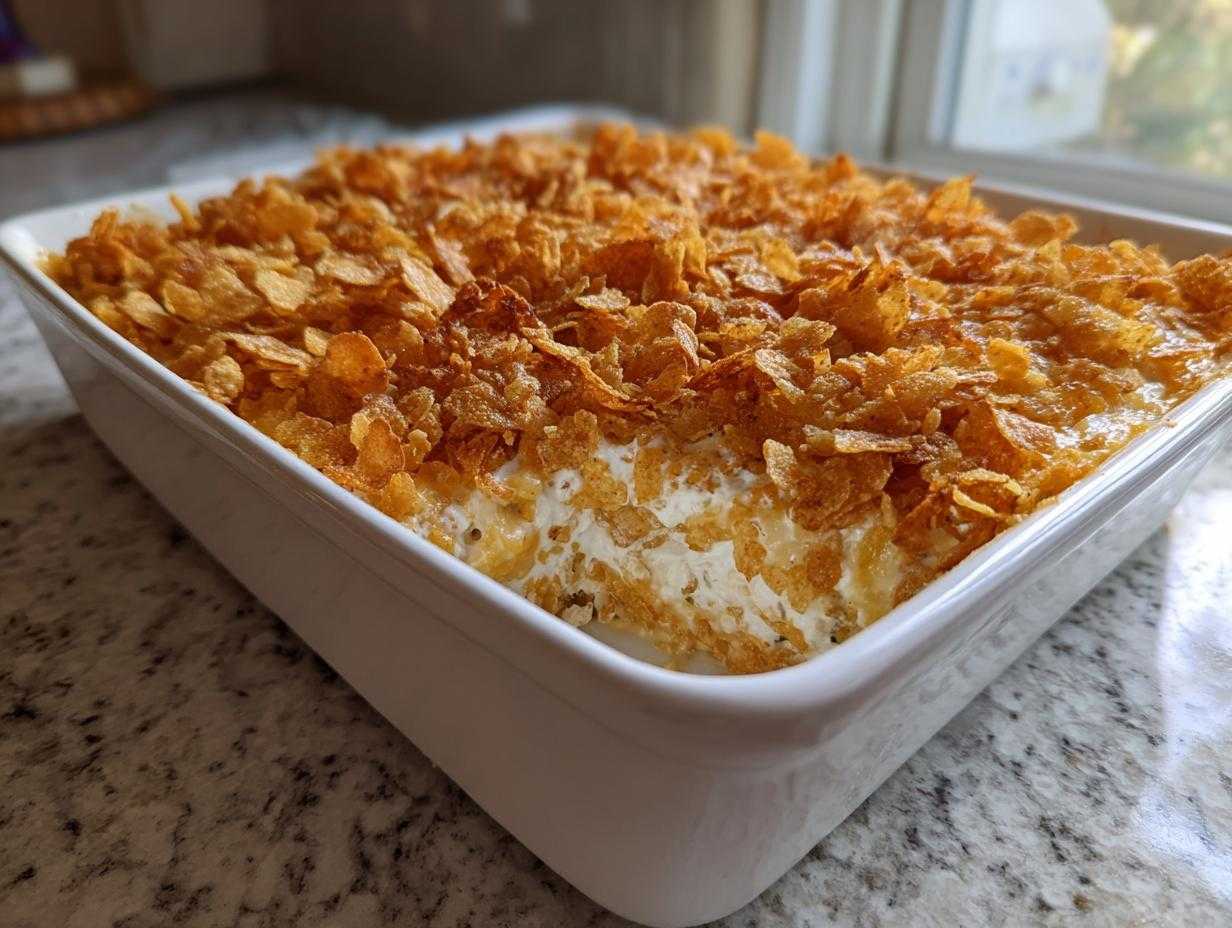 A creamy hot chicken salad casserole in a white baking dish, topped with golden cornflakes and fresh herbs.