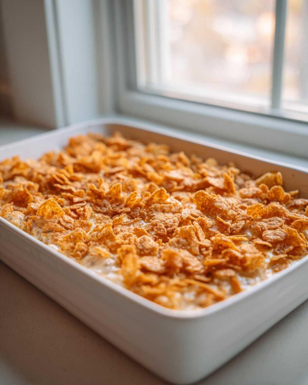 A close-up of a baked hot chicken salad casserole topped generously with golden corn flakes.