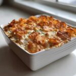 A creamy, baked hot chicken salad casserole topped generously with golden, crispy potato chips.