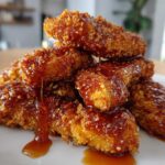 A stack of crispy, golden brown hot honey chicken tenders generously drizzled with sticky, sweet glaze.