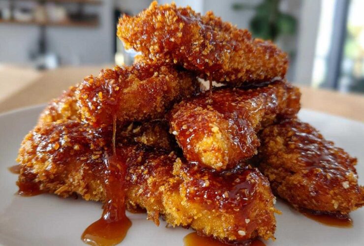 A stack of crispy, golden brown hot honey chicken tenders generously drizzled with sticky, sweet glaze.