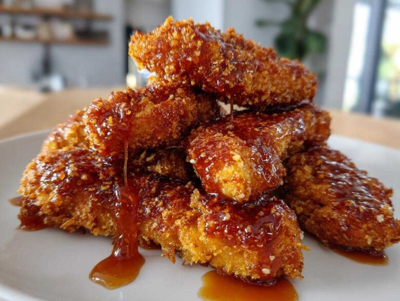 A stack of crispy, golden brown hot honey chicken tenders generously drizzled with sticky, sweet glaze.