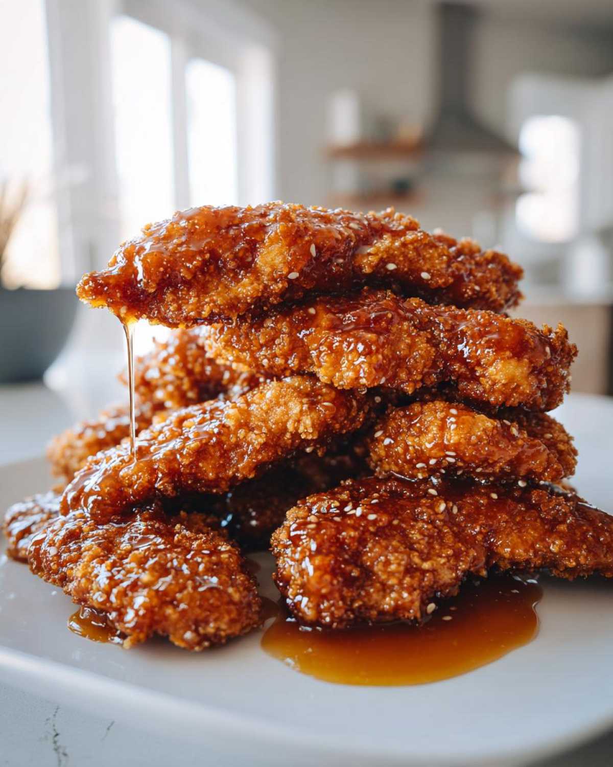 A tall stack of crispy, glazed hot honey chicken tenders being drizzled with extra sauce.