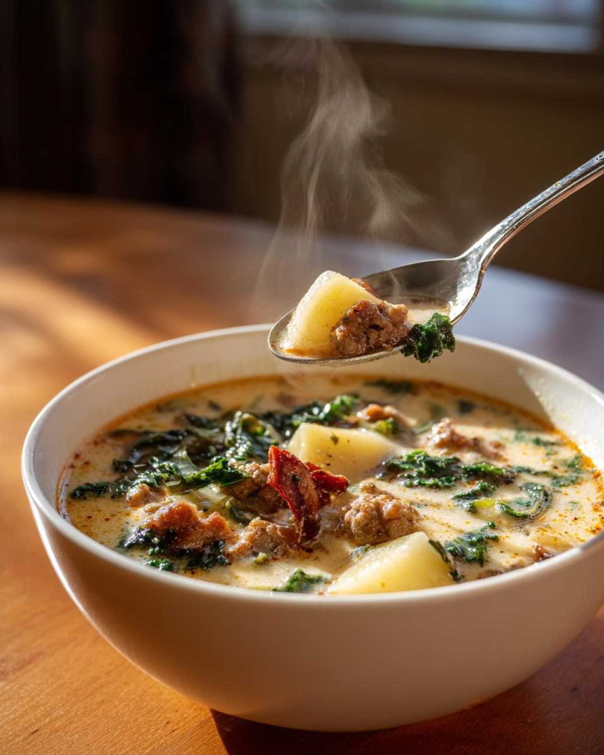 A spoonful of hot Zuppa Toscana soup containing potato, sausage, and kale being lifted from a white bowl.