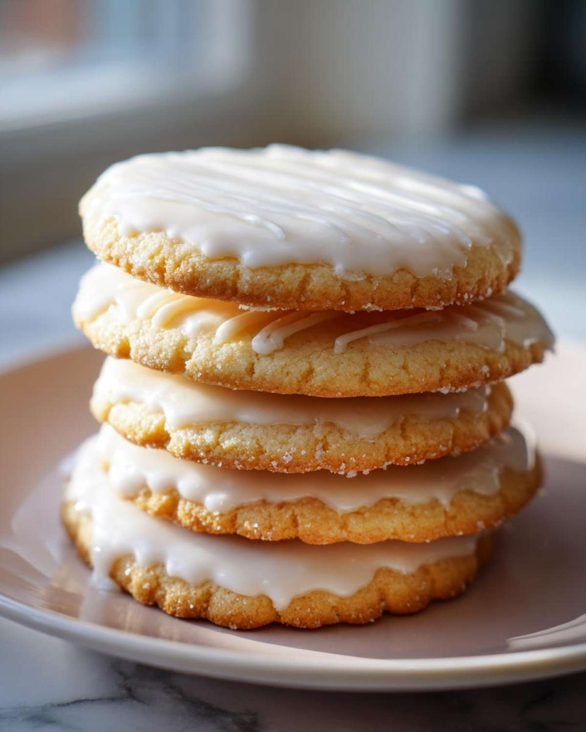 A stack of four delicious, round sugar cookies topped with white vanilla glaze.