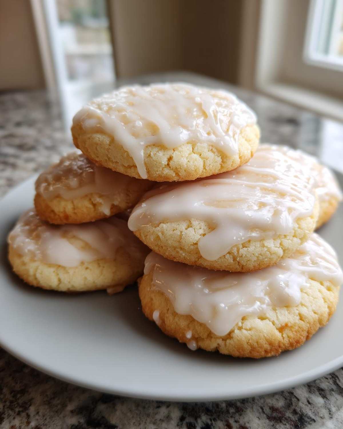 A stack of five soft, round sugar cookies topped with a thick white glaze.