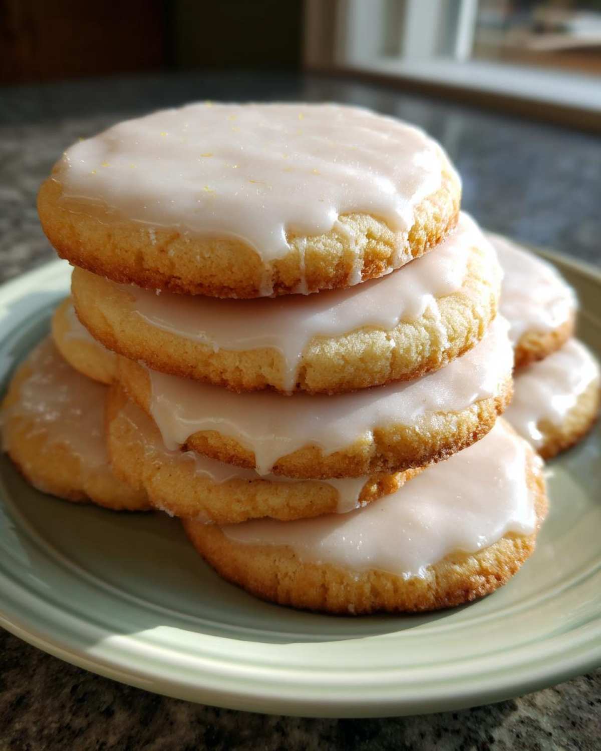 A stack of soft, round sugar cookies topped with white glaze and lemon zest.