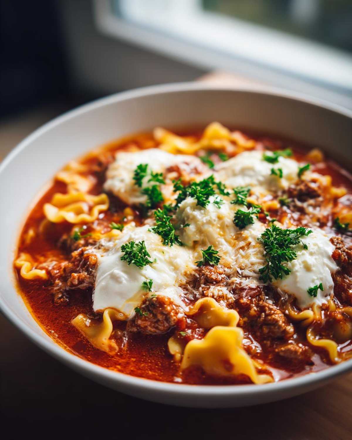 Close-up of a bowl of rich instant pot lasagna soup topped with dollops of ricotta, Parmesan, and fresh parsley.