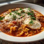 A bowl of rich, red instant pot lasagna soup topped with dollops of ricotta, Parmesan, and fresh parsley.
