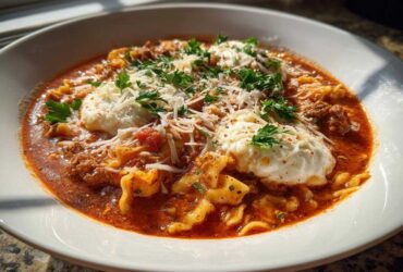 A bowl of rich, red instant pot lasagna soup topped with dollops of ricotta, Parmesan, and fresh parsley.