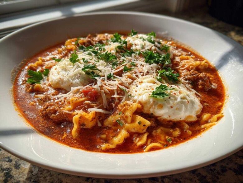 A bowl of rich, red instant pot lasagna soup topped with dollops of ricotta, Parmesan, and fresh parsley.