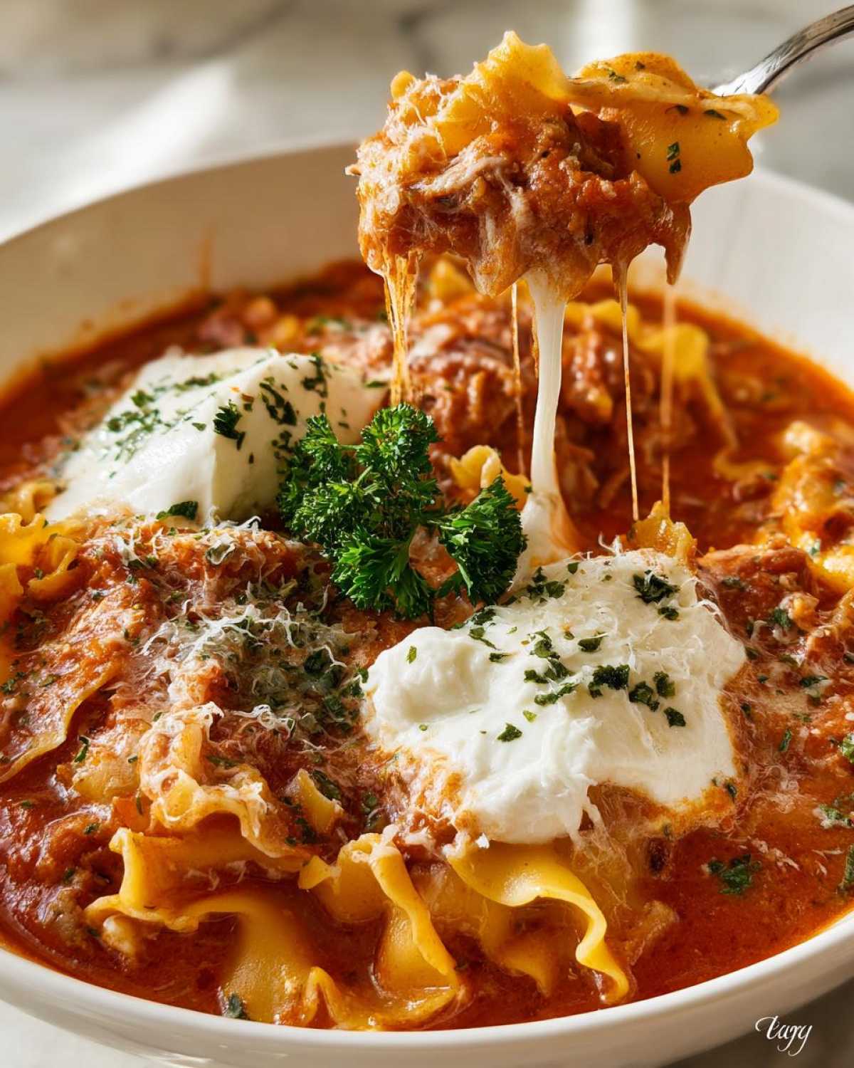A spoonful of rich instant pot lasagna soup showing melted cheese stretching between the spoon and the bowl.