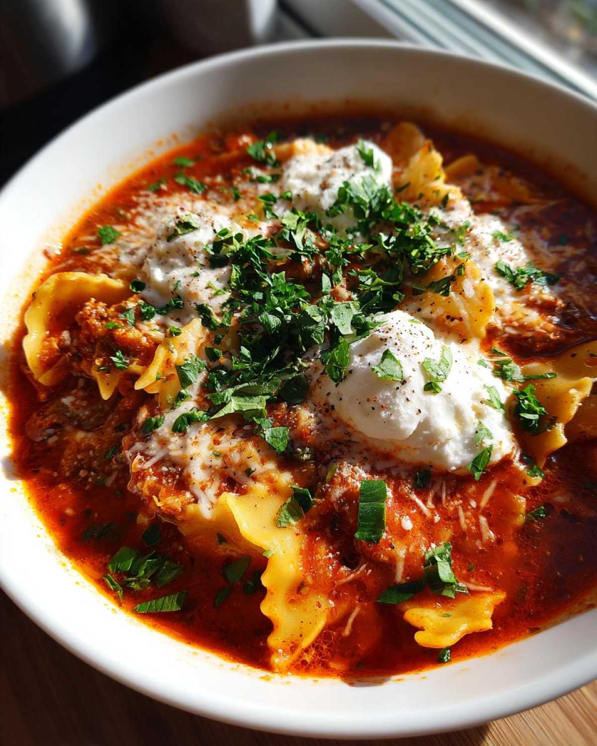 Close-up of a white bowl filled with rich instant pot lasagna soup, topped with dollops of ricotta and fresh parsley.