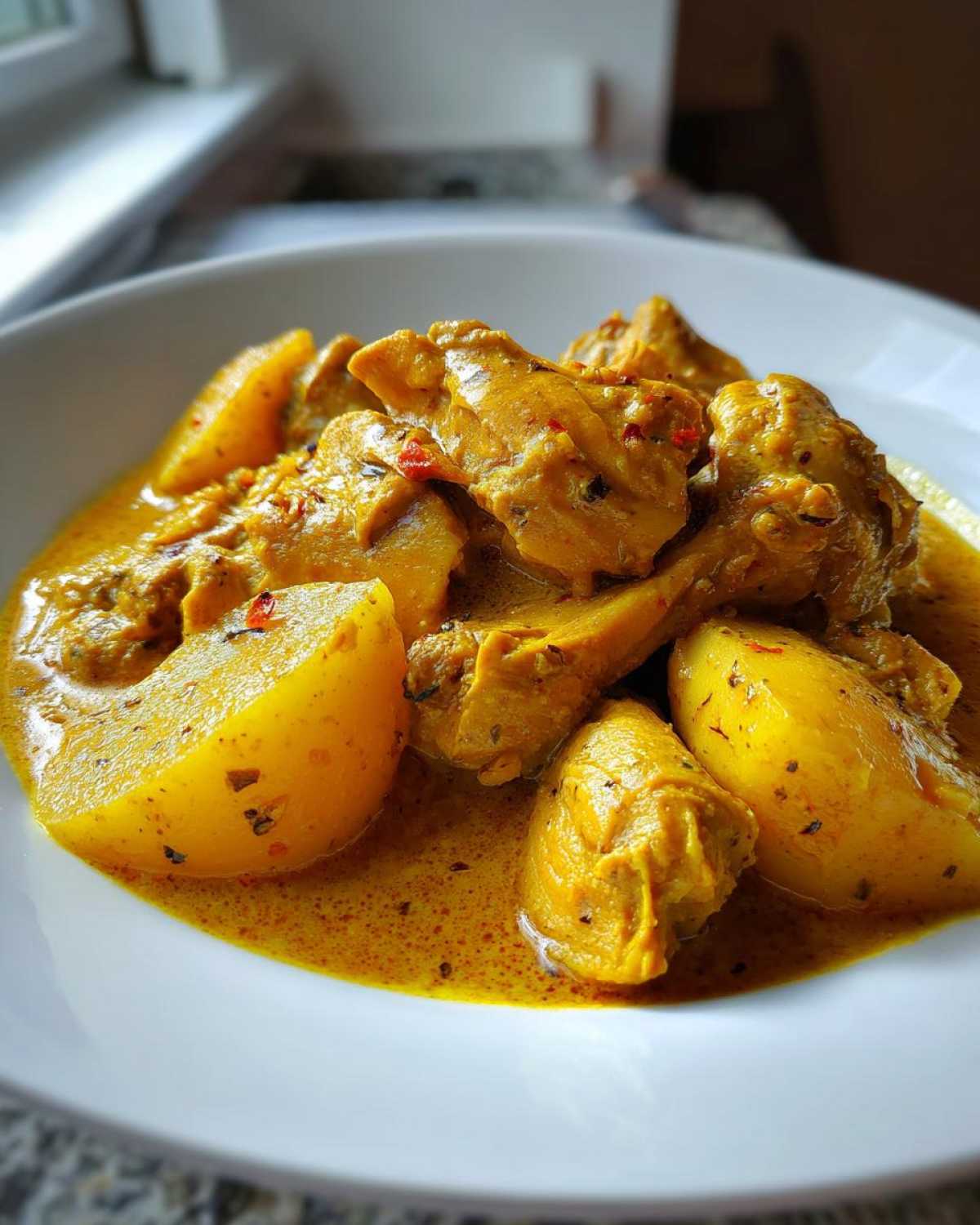 A close-up of vibrant yellow Jamaican curry chicken pieces served with large chunks of potato in a rich sauce.