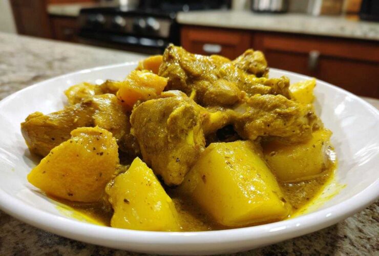A close-up of tender pieces of Jamaican curry chicken served with large chunks of yellow potatoes in a rich, savory sauce.