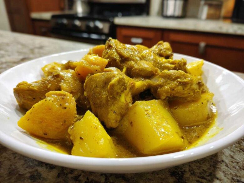 A close-up of tender pieces of Jamaican curry chicken served with large chunks of yellow potatoes in a rich, savory sauce.
