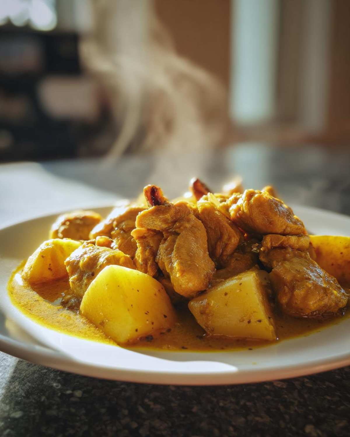 Close-up of steaming Jamaican curry chicken pieces mixed with large chunks of potato in a rich yellow curry sauce.
