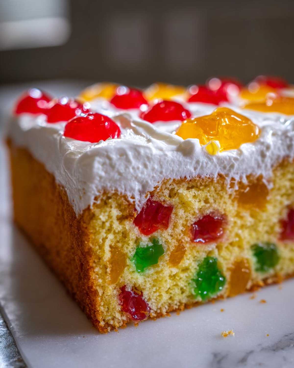 Close-up of a slice of jello poke cake showing colorful fruit suspended in the yellow sponge cake and topped with white frosting and gelatin.