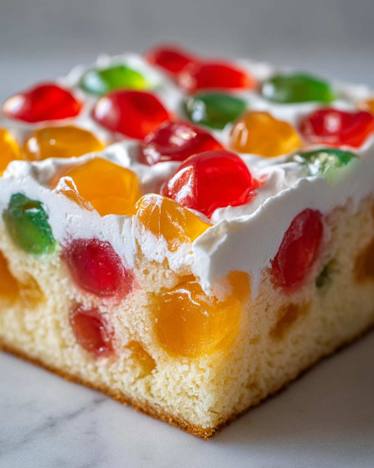 Close-up of a slice of jello poke cake showing the moist sponge cake filled with colorful jello pockets and topped with whipped cream.