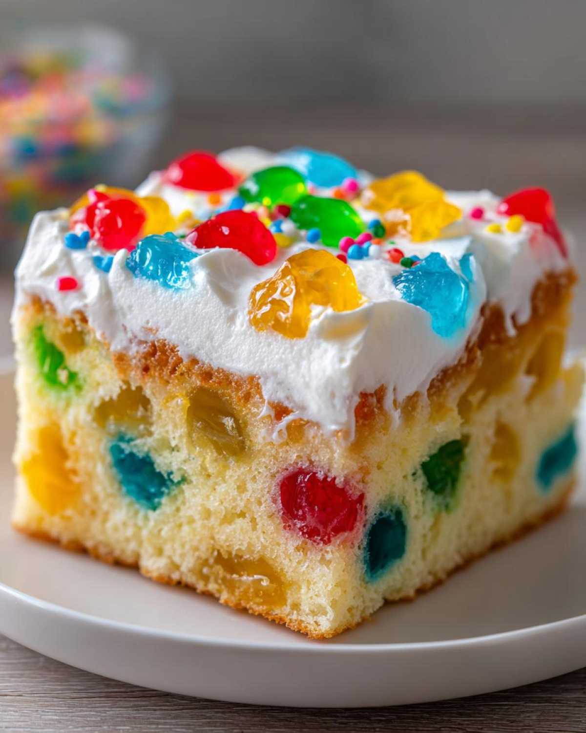 A close-up slice of a moist jello poke cake featuring colorful gelatin pockets, topped with whipped cream and sprinkles.