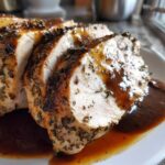 Close-up of sliced, juicy instant pot turkey breast seasoned with herbs and drizzled with rich brown gravy.
