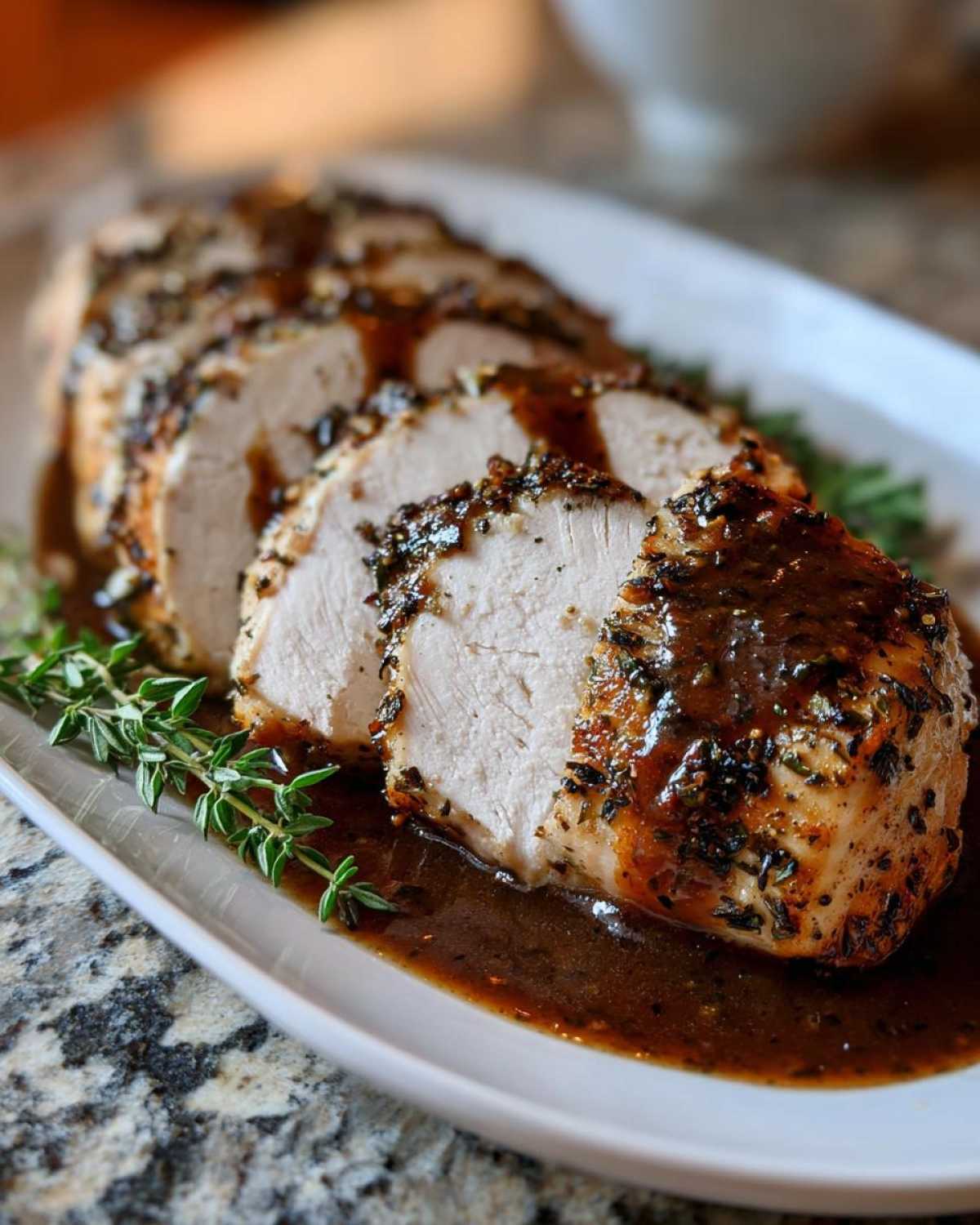 Close-up of sliced, herb-crusted instant pot turkey breast covered in rich brown gravy and garnished with thyme.
