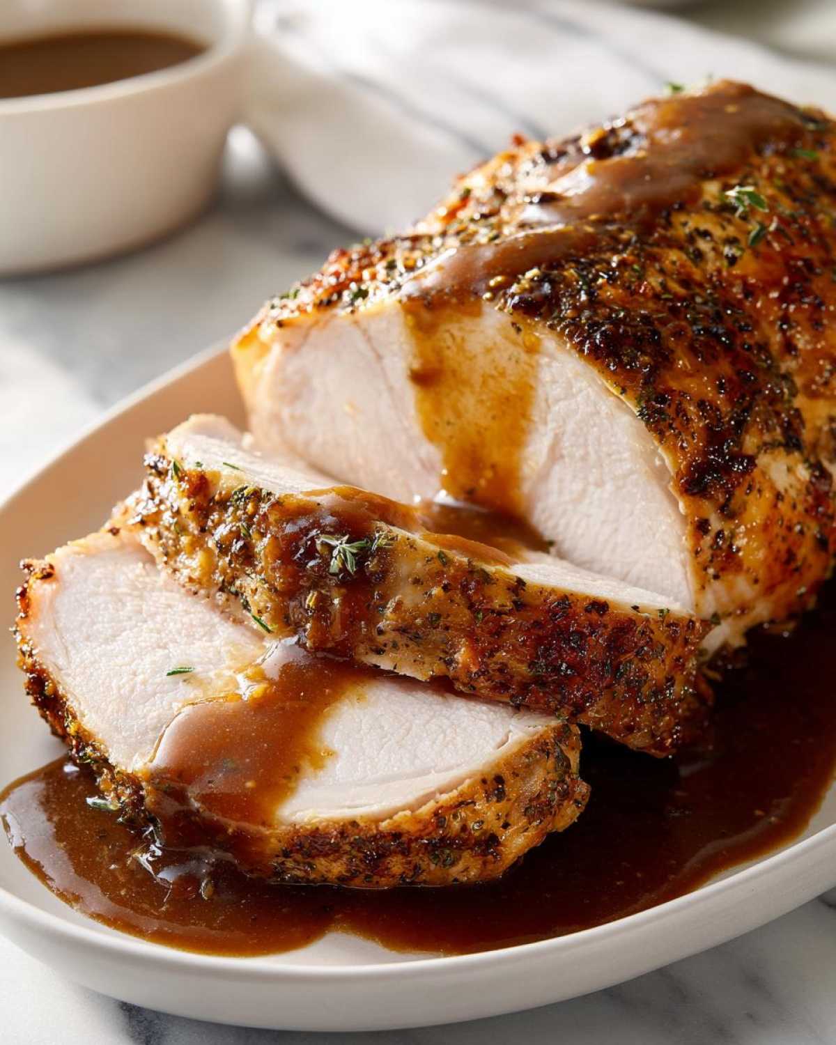 Slices of juicy instant pot turkey breast, seasoned and covered in rich brown gravy, served on a white plate.