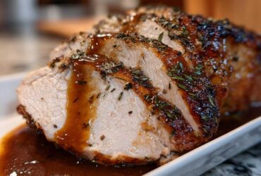 Close-up of sliced, juicy instant pot turkey breast, seasoned with herbs and drizzled with brown gravy.