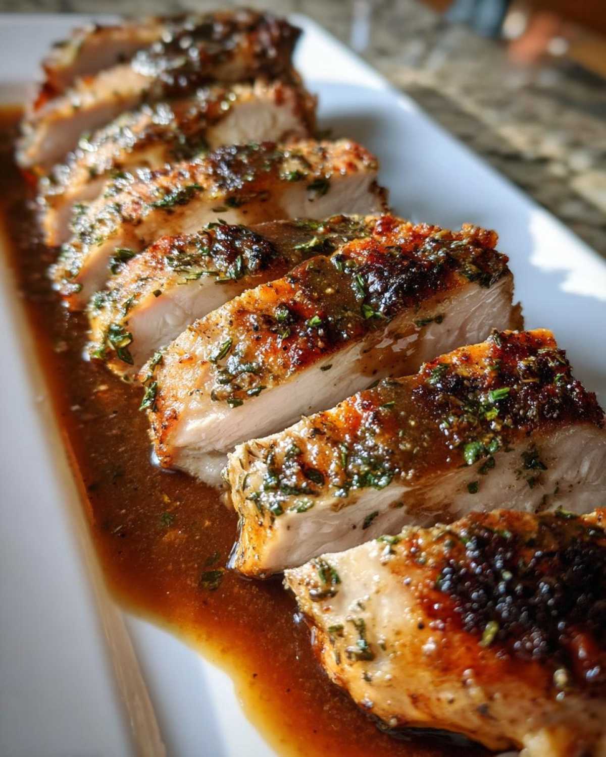 Close-up of sliced, juicy instant pot turkey breast seasoned with herbs and resting in rich brown gravy.