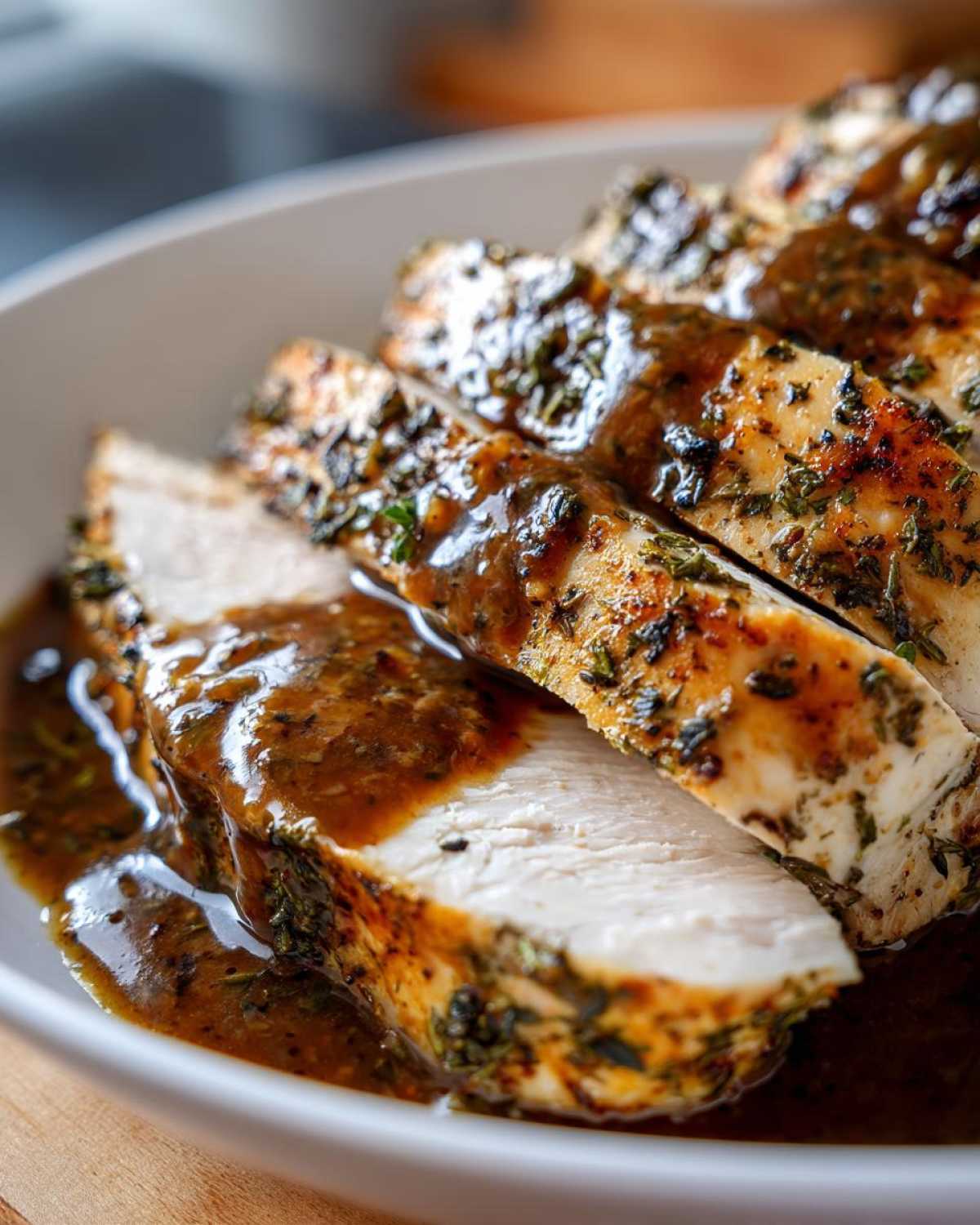 Close-up of sliced, juicy instant pot turkey breast covered in herb gravy, served in a white bowl.