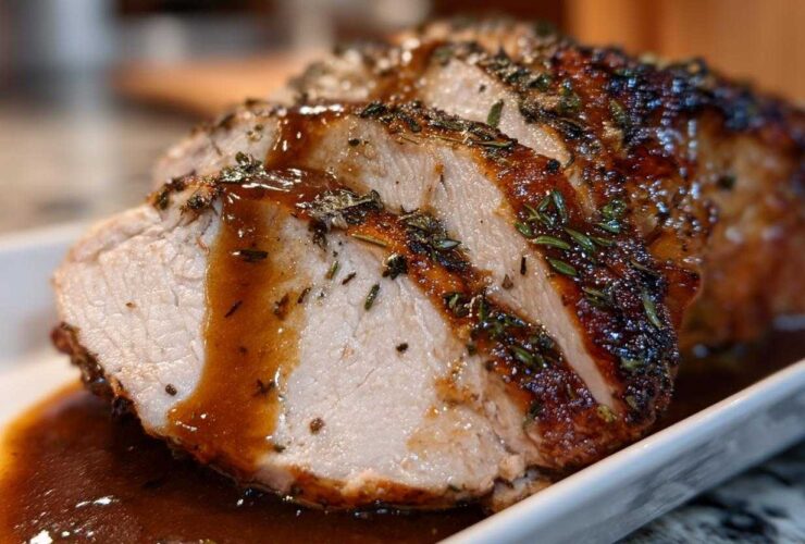 Close-up of sliced, juicy instant pot turkey breast, seasoned with herbs and drizzled with brown gravy.