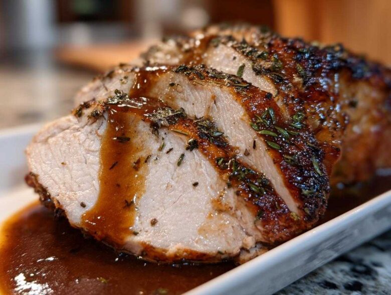 Close-up of sliced, juicy instant pot turkey breast, seasoned with herbs and drizzled with brown gravy.