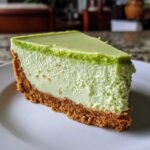 A close-up of a perfect slice of key lime cheesecake with a thick graham cracker crust.