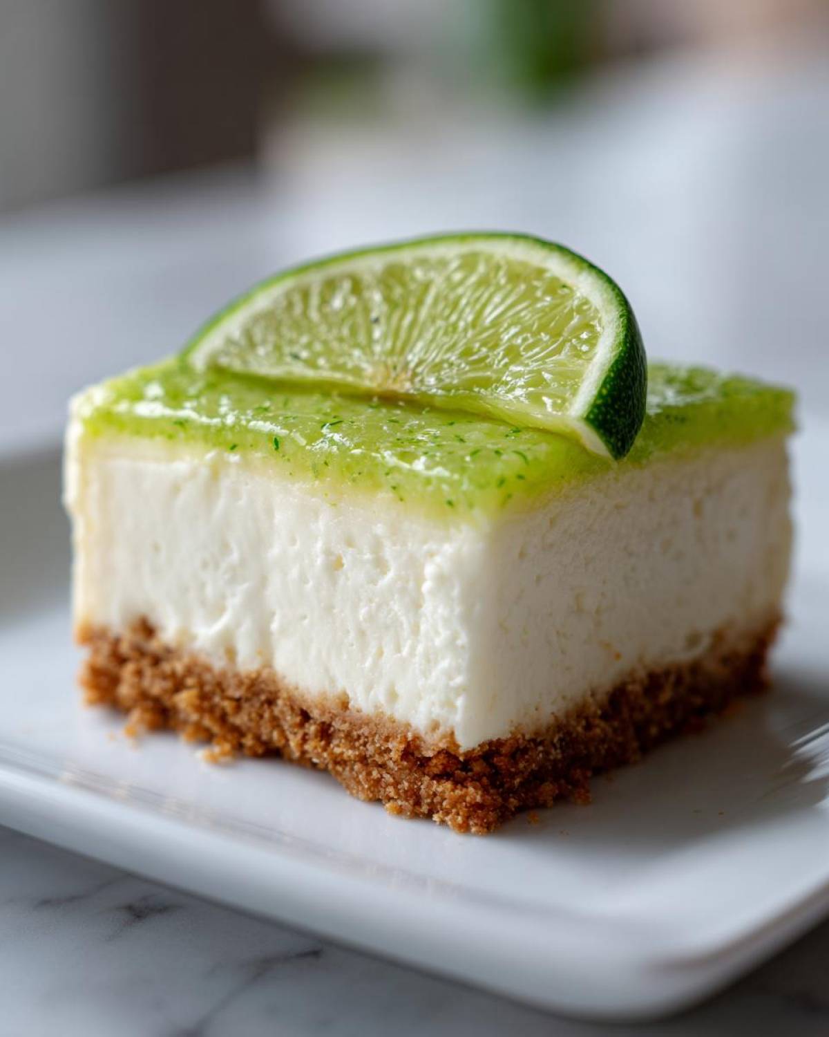 Close-up of a single, creamy slice of key lime cheesecake on a white plate, topped with lime glaze and a fresh lime slice.