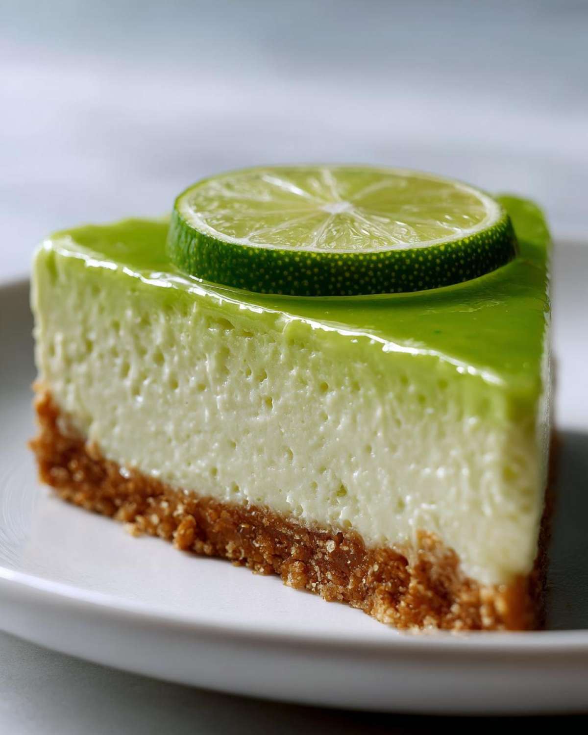 A perfect slice of key lime cheesecake featuring a graham cracker crust, creamy filling, and a bright green lime glaze topped with a fresh lime slice.