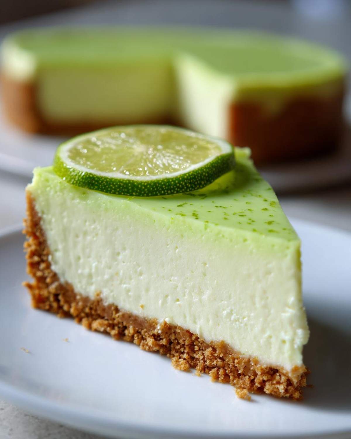 A perfect slice of creamy key lime cheesecake with a graham cracker crust, topped with a fresh lime slice.