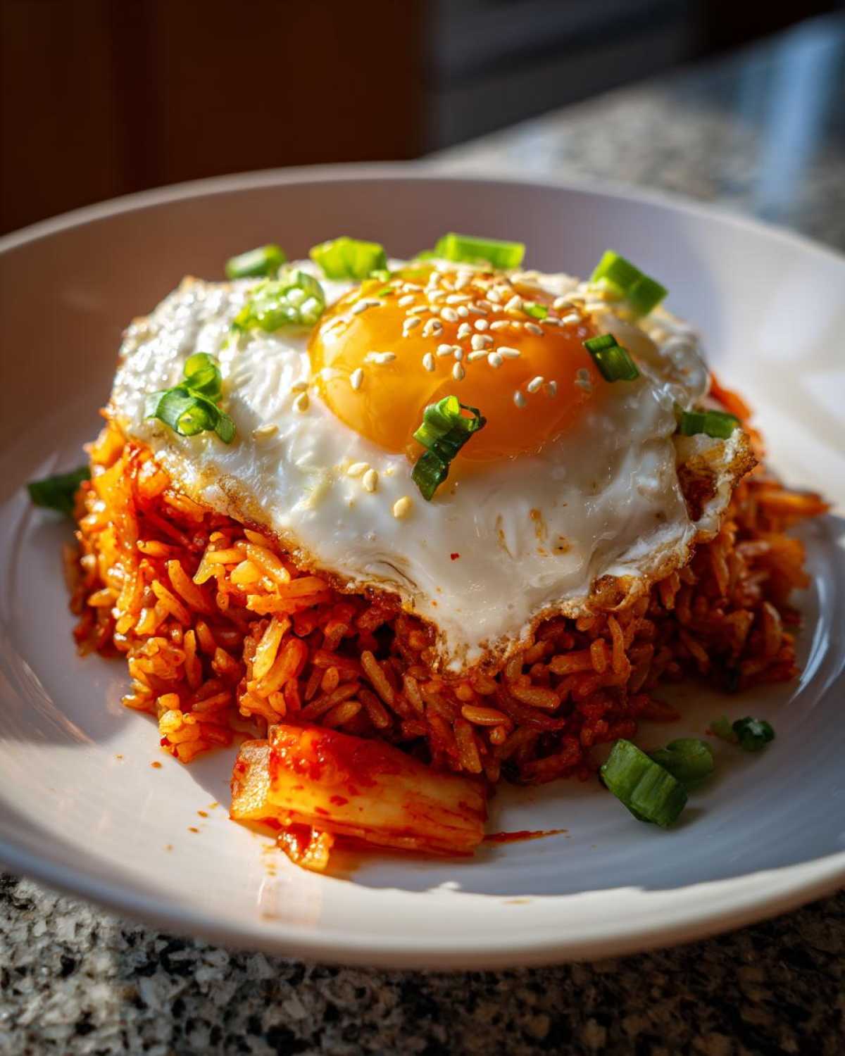 A serving of vibrant red kimchi fried rice topped with a sunny-side-up egg, sesame seeds, and green onions.