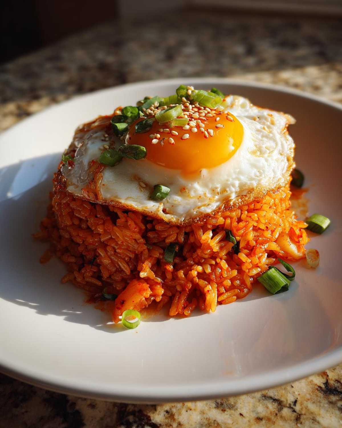 A mound of vibrant orange kimchi fried rice topped with a sunny-side-up egg, sesame seeds, and green onions.