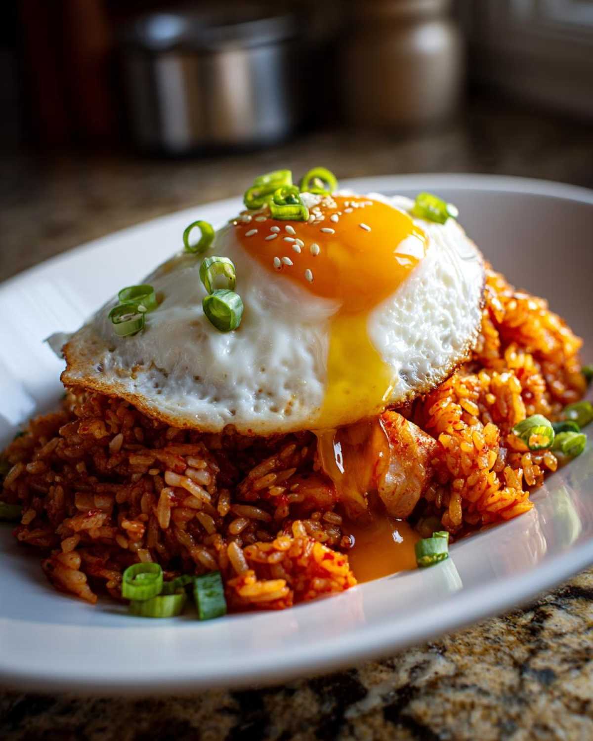 A close-up of vibrant kimchi fried rice topped with a sunny-side-up egg, green onions, and sesame seeds.