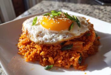 A mound of vibrant orange kimchi fried rice topped with a sunny-side-up egg, sesame seeds, and sliced green onions.