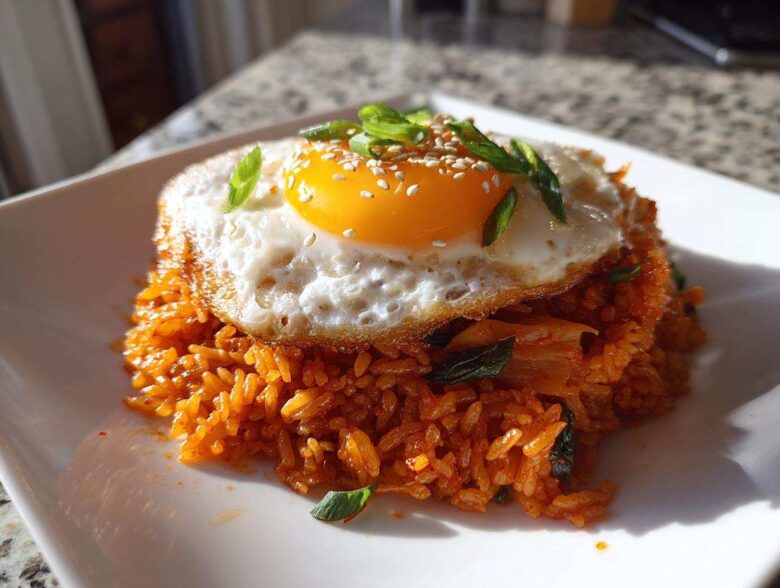 A mound of vibrant orange kimchi fried rice topped with a sunny-side-up egg, sesame seeds, and sliced green onions.