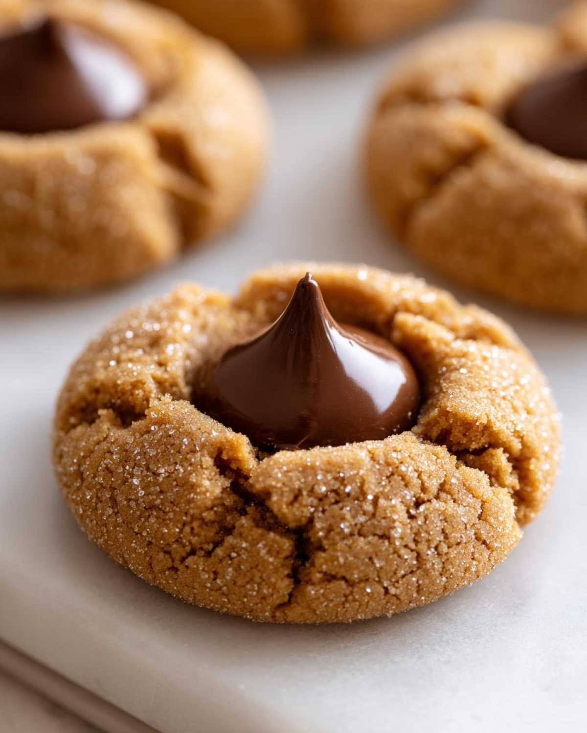 Close-up of a freshly baked, sugar-coated peanut butter kiss cookie with a melted chocolate kiss center.