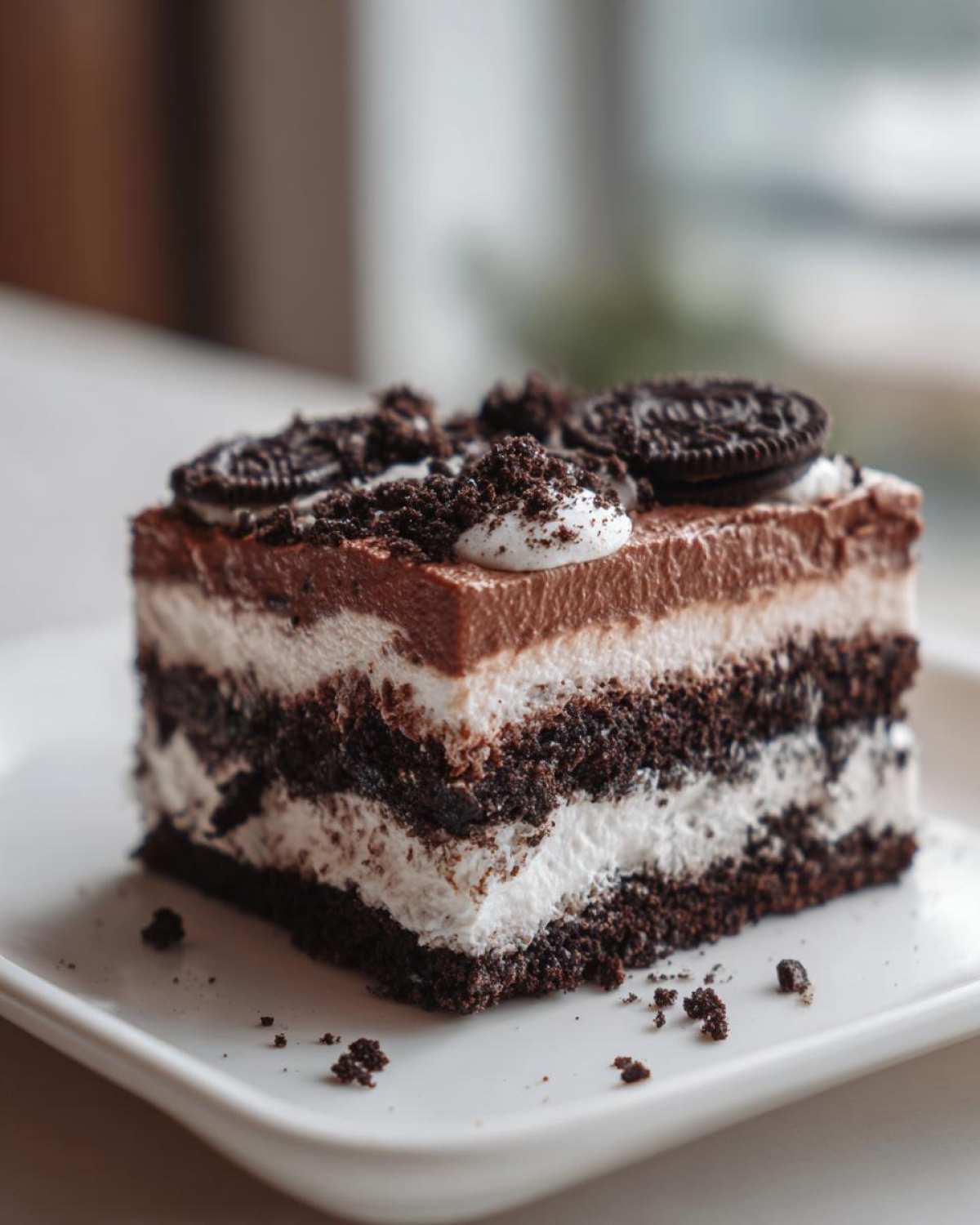 A square slice of layered chocolate dirt cake featuring dark cake, white cream, and chocolate mousse, topped with cookie crumbs and a whole cookie.